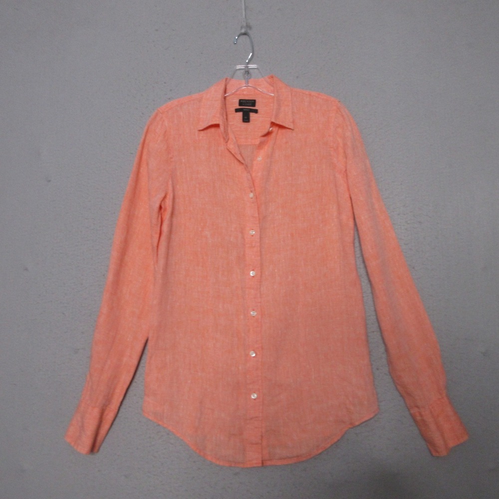J Crew Baird McNutt Women Top 2T Orange Irish Linen Perfect Fit Coastal Button